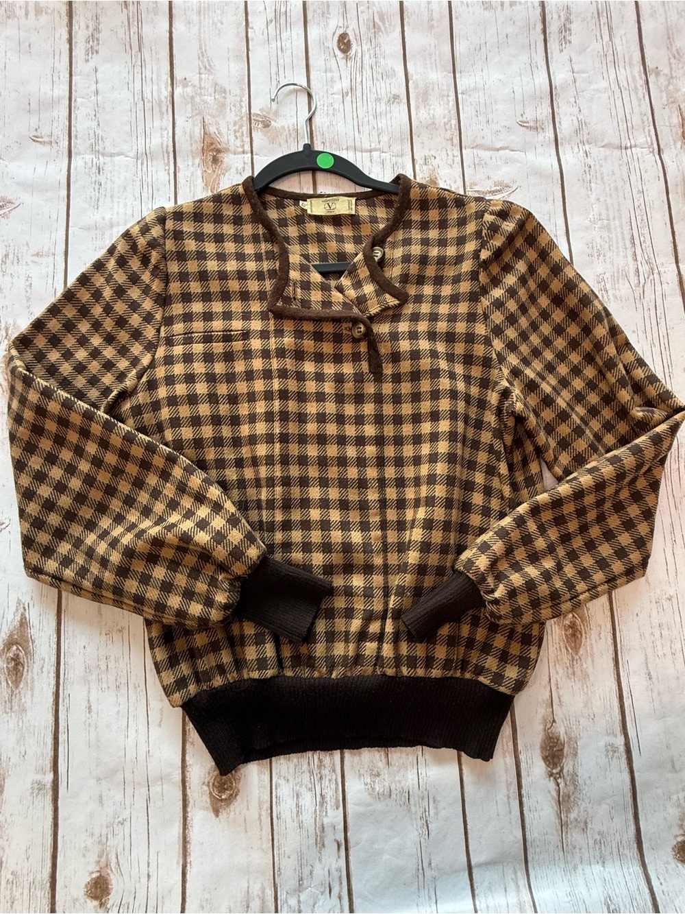 VALENTINO Vintage Brown Plaid Lamb Wool Bomber Sweater